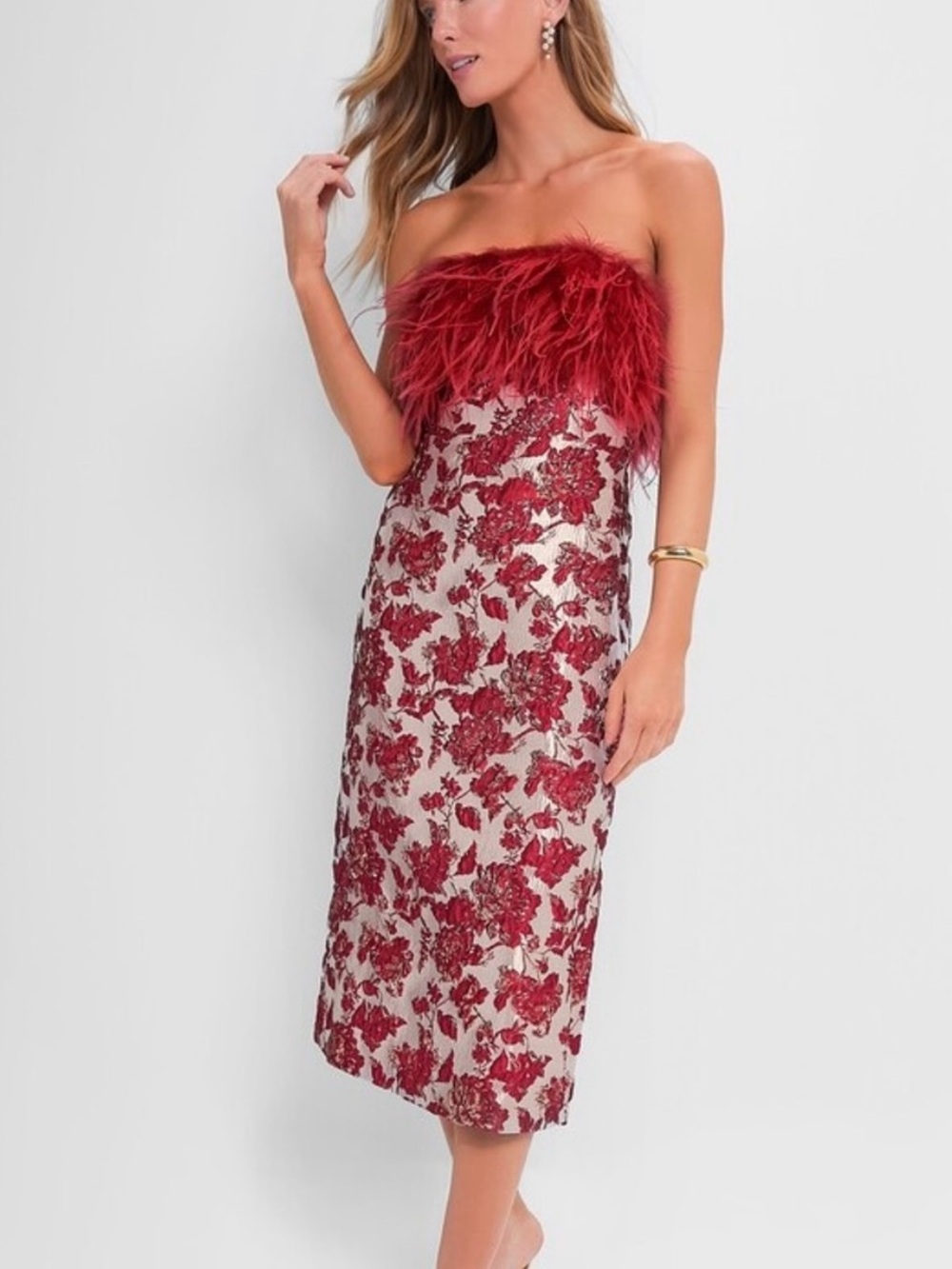 Red Floral Jacquard Strapless Midi Dress with Feather Trim